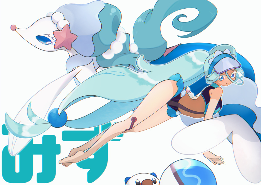 ball beachball blue_eyes blue_hair colored_eyelashes dive_ball female hatsune_miku highres long_hair mamommmuuu oshawott poke_ball pokemon pokemon_(creature) primarina project_voltage starfish_hair_ornament swimsuit tan tanlines twintails very_long_hair visor_cap vocaloid water_miku_(project_voltage)