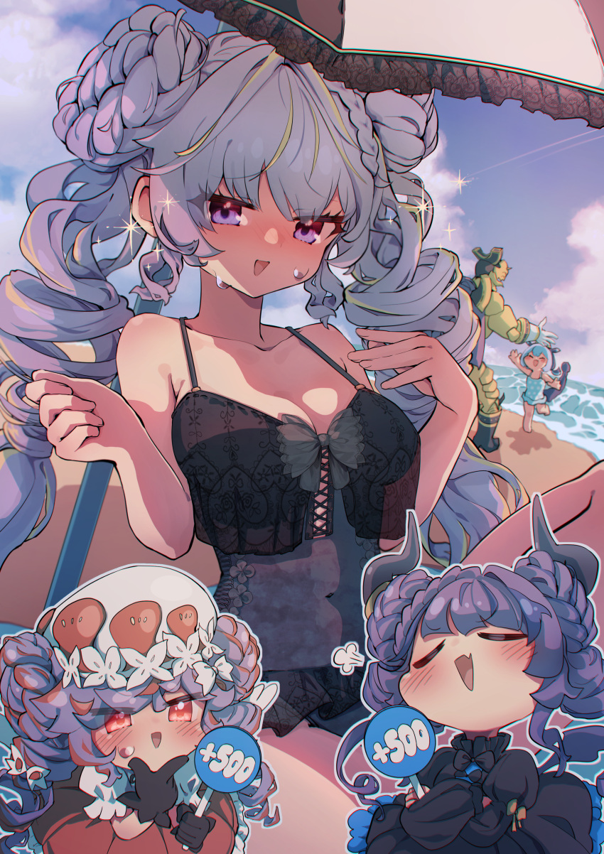 4girls absurdres angel angel_and_devil angello_vaalmonica beach beach_umbrella black_one-piece_swimsuit blonde_hair blush braid braided_bun breasts c_civciv cloud demon_girl demon_horns dimonno_vaalmonica double_bun drill_hair duel_monster eldlich_the_golden_lord hair_bun highres horns large_breasts laundry_dragonmaid long_hair multicolored_hair multiple_girls oerba_yun_fang one-piece_swimsuit open_mouth outdoors purple_eyes purple_hair red_eyes red_hair selettrice_vaalmonica skin_fang sky smile swimsuit twin_drills twintails umbrella very_long_hair wings yu-gi-oh!