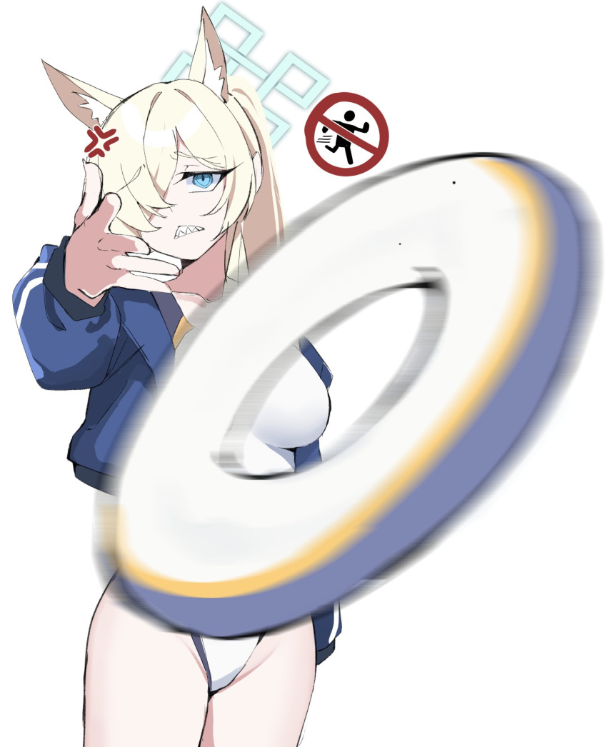 anger_vein animal_ear_fluff animal_ears blonde_hair blue_archive blue_eyes blue_halo blue_jacket breasts clenched_teeth competition_swimsuit cowboy_shot dog_ears eminem_throwing_a_fat_rat_(meme) female gen_(unzzenasd) groin hair_over_one_eye halo highres jacket kanna_(blue_archive) kanna_(swimsuit)_(blue_archive) large_breasts lifebuoy long_hair long_sleeves looking_at_viewer meme official_alternate_costume one-piece_swimsuit open_clothes open_jacket sharp_teeth simple_background solo swim_ring swimsuit teeth white_background white_one-piece_swimsuit