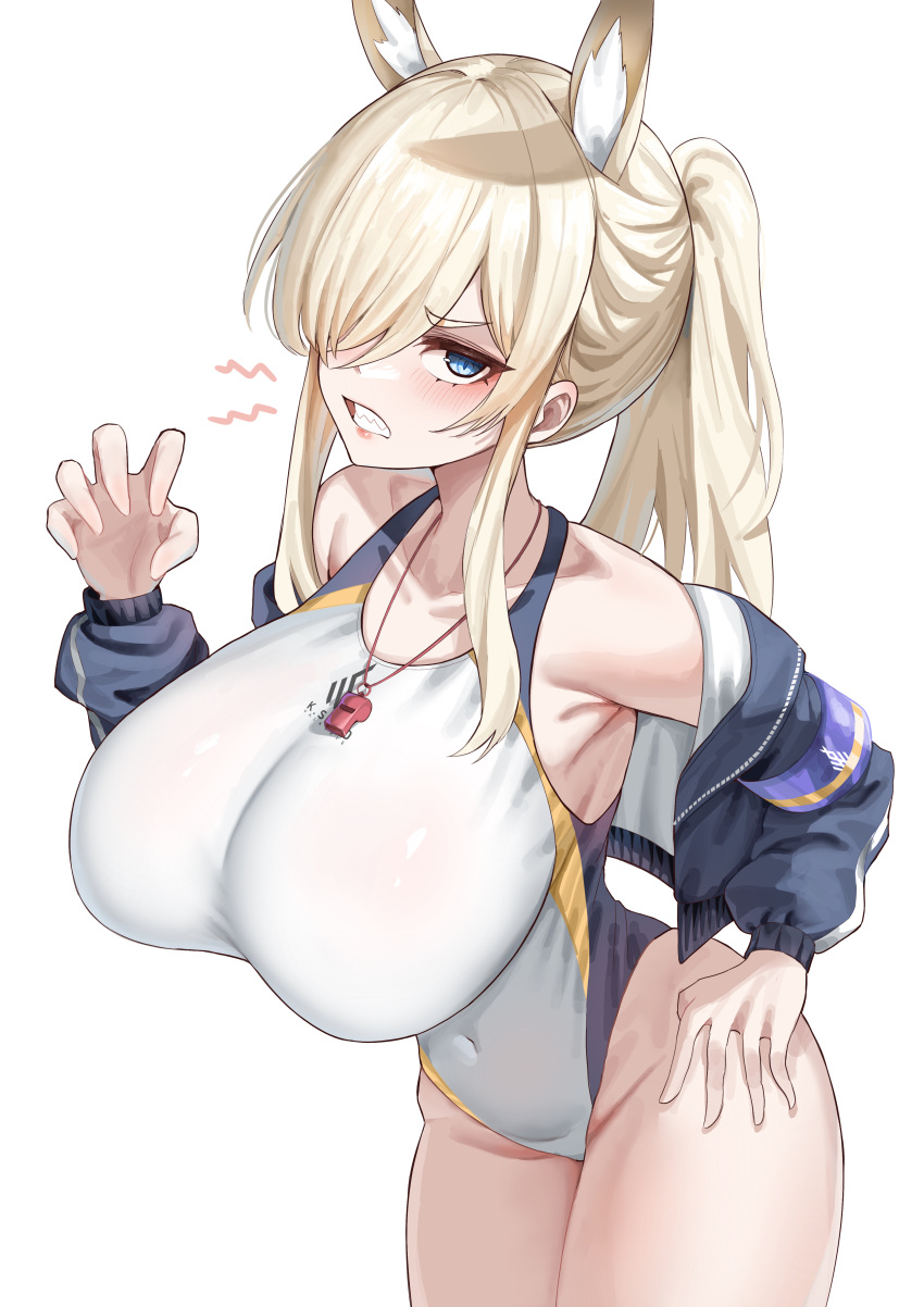 absurdres animal_ear_fluff animal_ears black_jacket blonde_hair blue_archive blue_eyes blue_halo blush breasts clenched_teeth collarbone competition_swimsuit covered_navel cowboy_shot dog_ears female fluffyebi01 groin halo highres huge_breasts jacket kanna_(blue_archive) kanna_(swimsuit)_(blue_archive) long_hair long_sleeves looking_at_viewer official_alternate_costume one-piece_swimsuit open_clothes open_jacket ponytail sharp_teeth simple_background solo swimsuit teeth whistle whistle_around_neck white_background white_one-piece_swimsuit