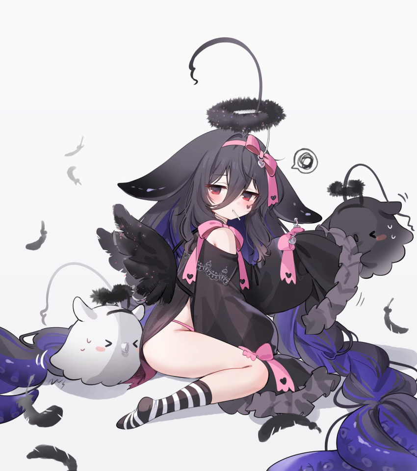 >_< ahoge azur_lane black_dress black_feathers black_hair black_wings blush candy commentary dress facepaint fake_halo fake_wings falling_feathers feathers female food hair_between_eyes halo heart highres huge_ahoge jitome lollipop long_bangs long_hair long_sleeves looking_at_viewer looking_to_the_side manjuu_(azur_lane) mouth_hold multicolored_hair nys official_alternate_costume panties pink_panties purple_hair red_eyes sitting socks solo spoken_squiggle squiggle striped_clothes striped_socks sweatdrop tentacle tentacle_hair two-tone_hair underwear very_long_hair wariza whydah_(azur_lane) whydah_(lazy_pirate_angel)_(azur_lane) wings