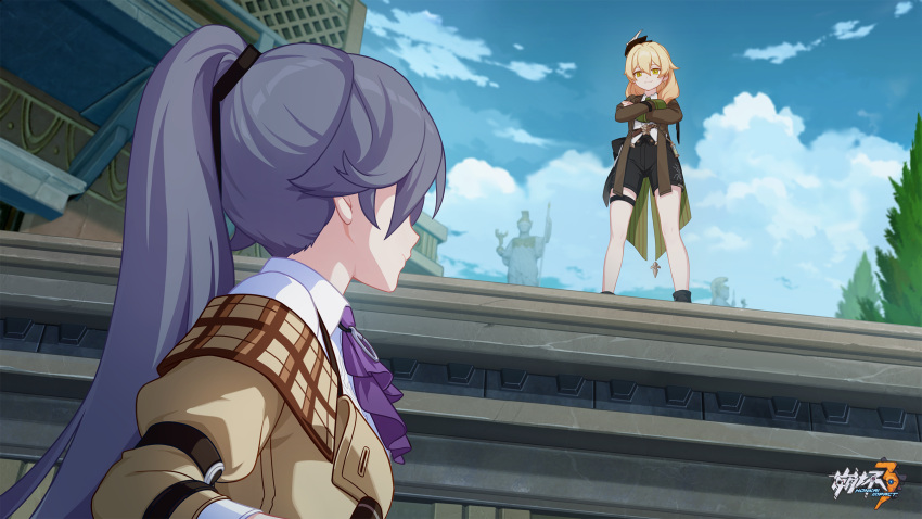 1boy ascot black_hairband blonde_hair chinese_commentary cloud cloudy_sky crossed_arms female fu_hua fu_hua_(hawk_of_the_fog) fu_hua_(valkyrie_accipiter) hair_between_eyes hairband high_ponytail highres honkai_(series) honkai_impact_3rd james_moriarty_(honkai_impact) logo looking_at_another official_alternate_costume official_art official_wallpaper outdoors purple_ascot sky star_(symbol) thigh_strap