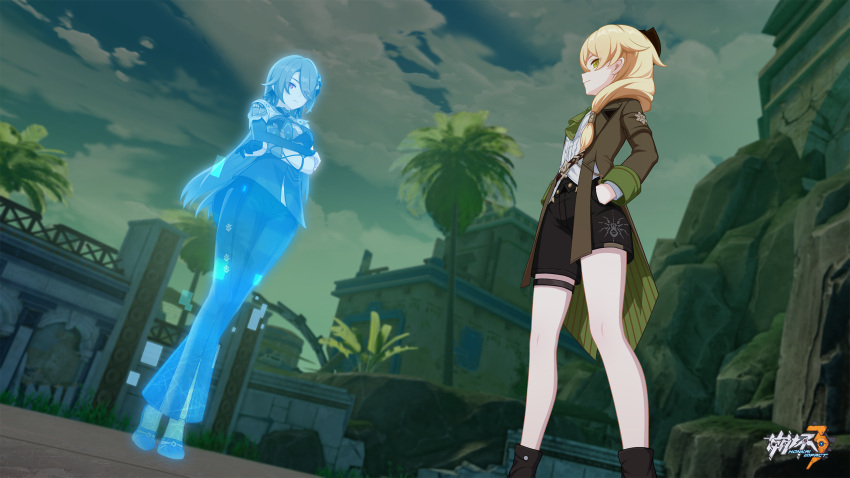 1boy black_footwear black_shorts blonde_hair chinese_commentary cloud cloudy_sky crossed_arms female full_body highres honkai_(series) honkai_impact_3rd james_moriarty_(honkai_impact) logo long_sleeves looking_at_viewer official_art official_wallpaper outdoors shorts sky standing thigh_strap tree vita_(honkai_impact)