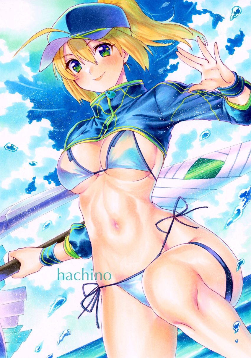 ahoge artoria_pendragon_(fate) baseball_cap bikini blonde_hair blue_hat blue_sky blush breasts cloud fate/grand_order fate_(series) female green_eyes hachi78b hair_through_headwear hat highres holding holding_weapon horizon long_hair looking_at_viewer marker_(medium) medium_breasts mysterious_heroine_xx_(fate) navel outdoors ponytail shrug_(clothing) side-tie_bikini_bottom sky smile solo swimsuit thigh_strap traditional_media twinmyniad_(fate) water weapon white_bikini wristband