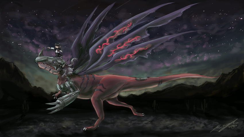 commentary_request cyborg digimon digimon_(creature) dinosaur female fusion highres metalgreymon multiple_wings night shinki_(touhou) star_(symbol) touhou touhou_(pc-98) usami_renko wings zucreelo