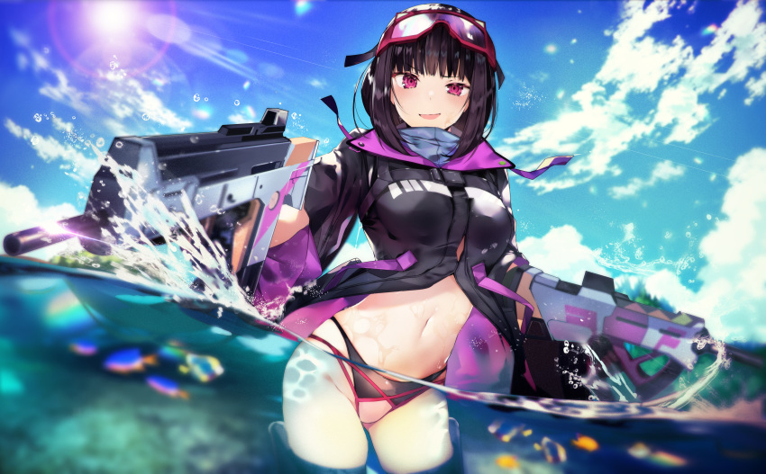 bangs banned_artist black_bikini_bottom black_gloves black_hair black_jacket blue_sky blush breasts fate/grand_order fate_(series) female gloves goggles goggles_on_head gun highres jacket large_breasts lens_flare long_hair long_sleeves looking_at_viewer navel ocean open_clothes open_mouth osakabe-hime_(fate/grand_order) osakabe-hime_(swimsuit_archer)_(fate) purple_eyes ski_goggles sky smile solo sunlight tetsubuta thighs twintails very_long_hair wading weapon