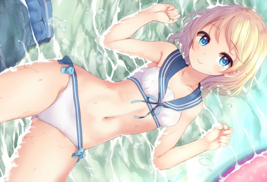 aqua_eyes bikini blonde_hair blush erect_nipples esia_mariveninne komone_ushio navel original short_hair skirt swim_ring swimsuit water