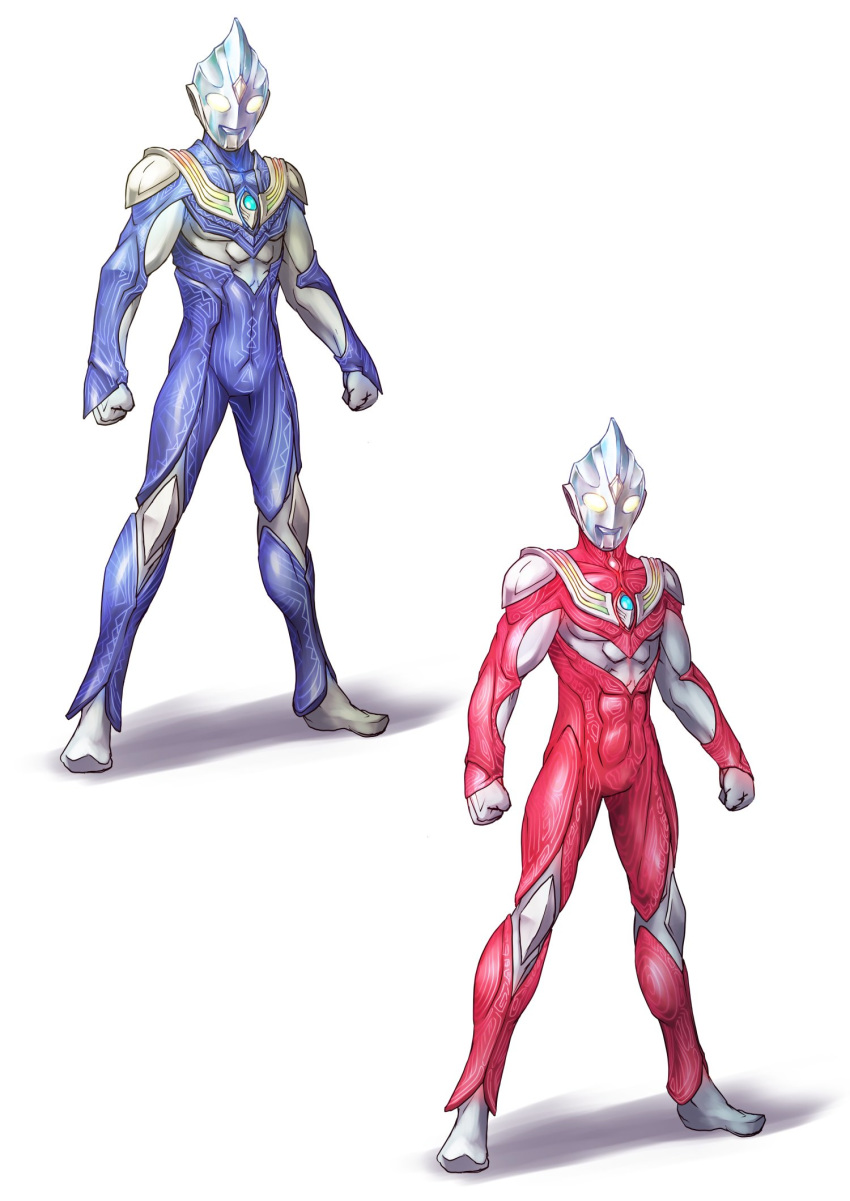 1boy alien armor blue_bodysuit bodysuit color_timer commentary full_body glowing glowing_eyes highres kuroda_asaki male_focus multiple_views no_humans power_type_(ultra_series) red_bodysuit sky_type_(ultra_series) standing tokusatsu translation_request ultra_series ultraman_tiga ultraman_tiga_(series) variations