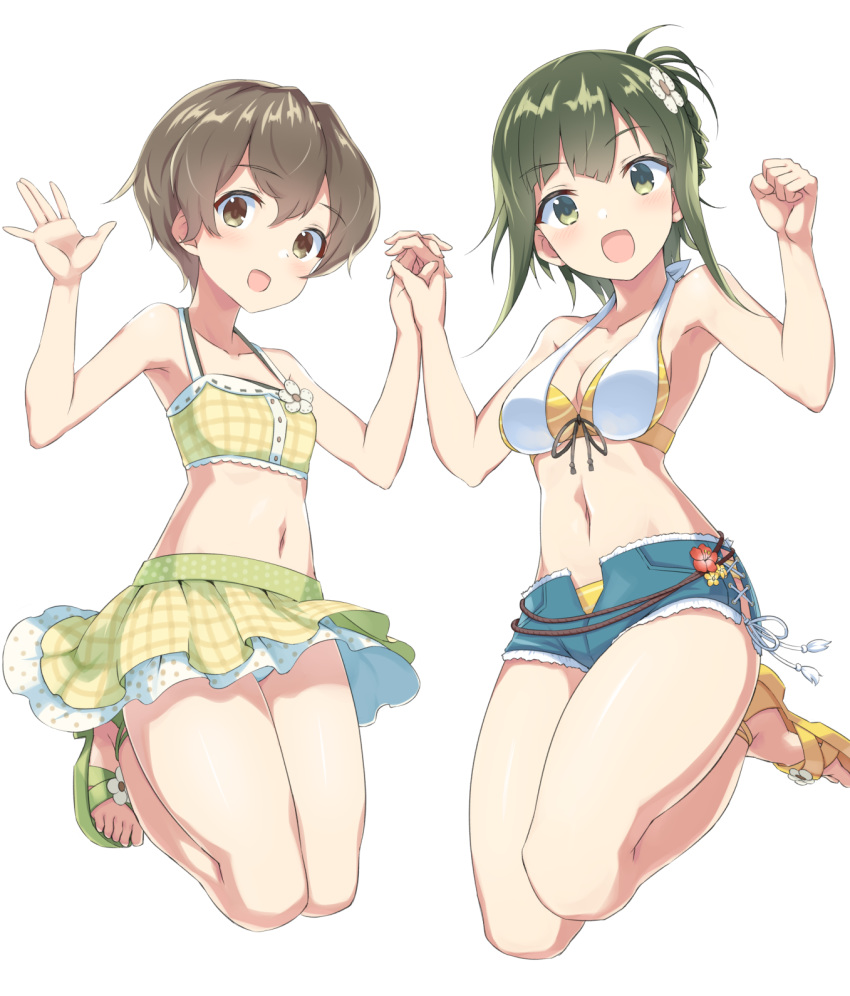 2girls :d bikini blush breasts brown_eyes brown_hair clenched_hand commentary flower fujimori_mito green_eyes green_hair hair_between_eyes hair_flower hair_ornament halterneck head_tilt highres holding_hands interlocked_fingers layered_bikini legs_up looking_at_viewer medium_breasts multiple_girls navel nogi_wakaba_wa_yuusha_de_aru open_mouth pera sandals shiratori_utano short_hair short_shorts shorts simple_background smile swimsuit white_background yuusha_de_aru