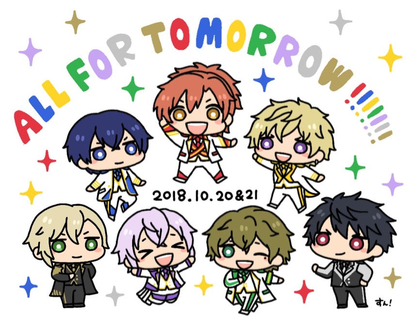 >_< 6+boys amamiya_kanade arm_up artist_name black_hair black_jacket black_pants blonde_hair blue_hair blue_neckwear bright_pupils brown_hair chibi commentary_request dated dorifesu! green_eyes green_hair green_neckwear grey_necktie idol jacket katagiri_itsuki kazami_keigo kuroishi_yuuto light_purple_hair multiple_boys necktie oikawa_shin pants purple_eyes purple_necktie red_hair red_necktie sasaki_junya sawamura_chizuru smile sparkle sunpic topknot white_jacket white_pants yellow_necktie