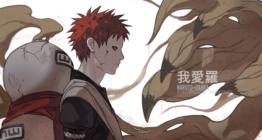 1boy brown_shirt character_name character_profile claws closed_mouth cracked_skin element_bending fisher903 fishnets gaara_(naruto) geokinesis gourd lolicon magic male_focus naruto naruto_(series) ninja red_hair reference_sheet sand shirt short_hair short_sleeves shukaku_(naruto) simple_background solo white_background