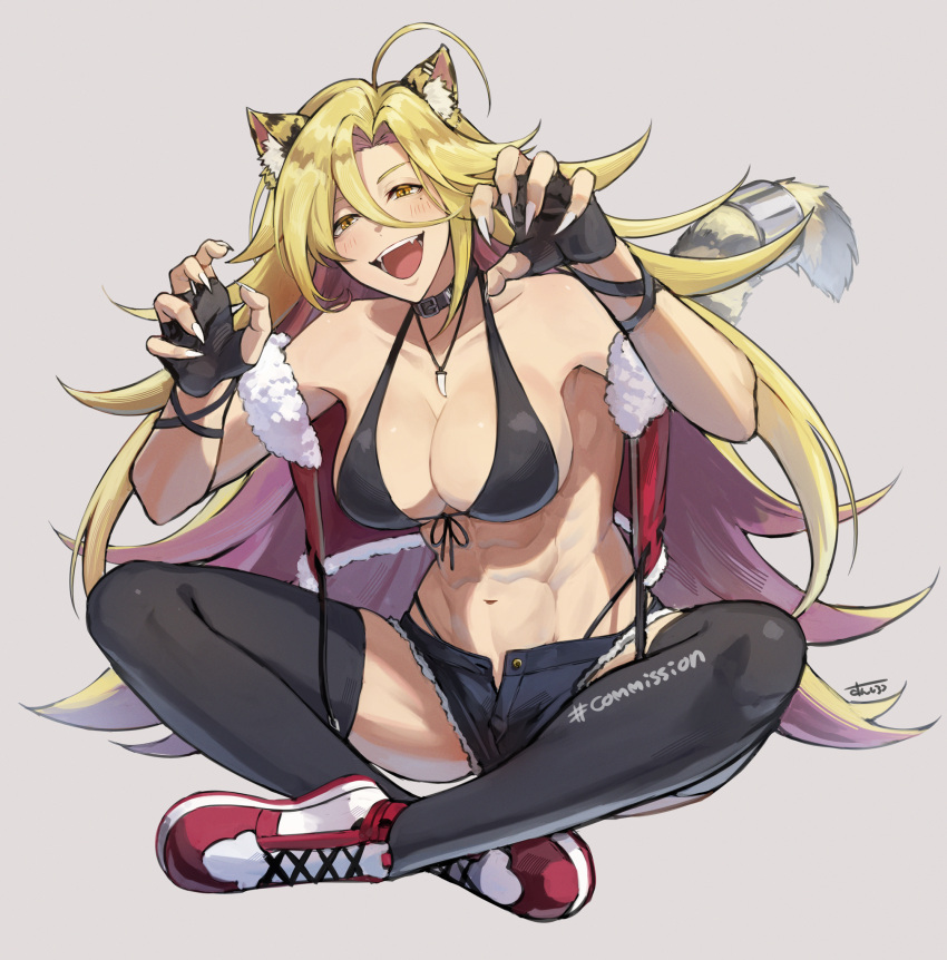 :d abs ahoge animal_ears belt_collar black_bra black_gloves black_panties black_shorts black_thighhighs blonde_hair bra breasts claw_pose claws cleavage collar collarbone commission crossed_legs cutoffs denim denim_shorts fangs female fingerless_gloves front-tie_top fur_trim gloves groin_tendon hair_between_eyes high_tops highleg highleg_panties highres indian_style indie_virtual_youtuber jewelry large_breasts long_hair muscular muscular_female necklace open_fly open_mouth panties panty_straps partially_unbuttoned red_footwear red_vest shoes short_shorts shorts signature sitting sleeveless smile sneakers solo string_panties sunsirou tail tala_tora thighhighs tiger_ears tiger_tail unbuttoned underwear very_long_hair vest virtual_youtuber white_footwear wrist_wrap yellow_eyes