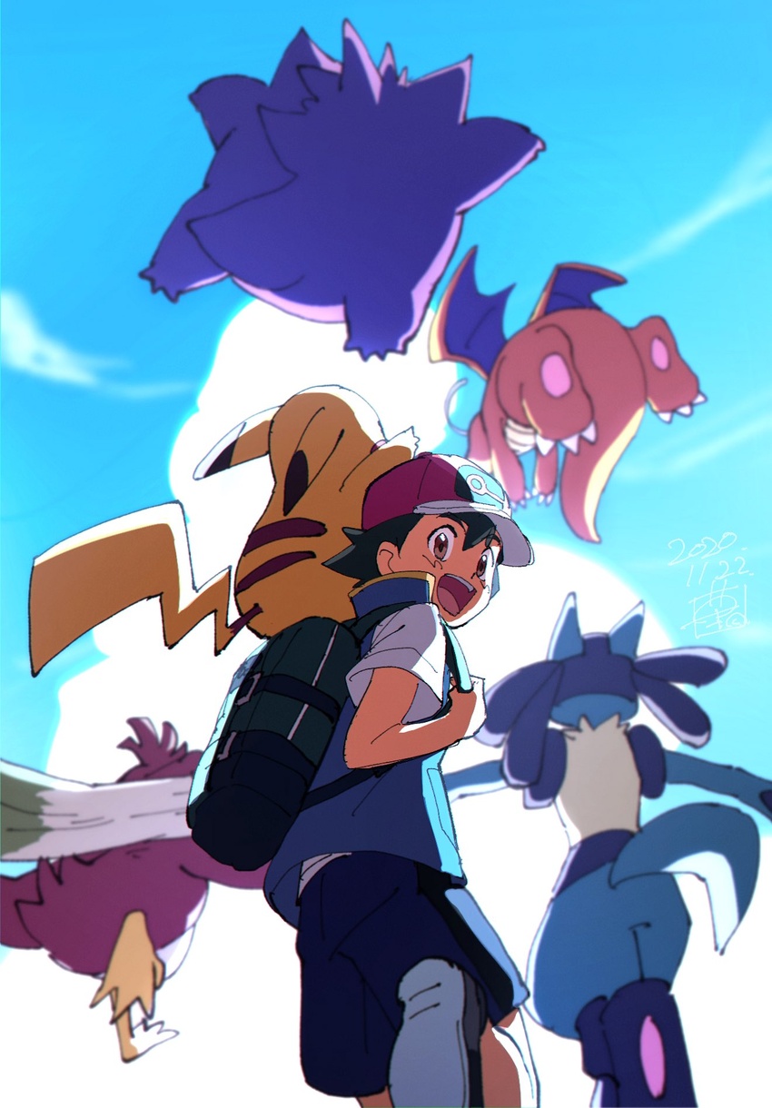 1boy :d black_hair black_shorts blurry brown_eyes day dragonite from_below galarian_farfetch'd gengar hat highres holding_strap leg_up lucario male_focus open_mouth outdoors pikachu pokemon pokemon_(anime) pokemon_(creature) pokemon_journeys protected_link satoshi_(pokemon) shirt shoes short_hair short_sleeves shorts sky sleeveless sleeveless_jacket smile teeth tongue ueda_hanako upper_teeth_only white_shirt