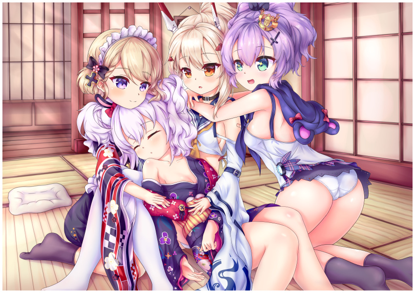 4girls absurdres ass ayanami_(azur_lane) azur_lane bad_id bad_pixiv_id bare_shoulders black_choker blonde_hair blue_sailor_collar breasts camisole choker cleavage cross cross_hair_ornament crown green_eyes hair_ornament headgear high_ponytail highres indoors iron_cross jacket japanese_clothes javelin_(azur_lane) kimono laffey_(azur_lane) laffey_(snow_rabbit_and_candy_apple)_(azur_lane) light_brown_hair lndrmnn medium_hair mini_crown multiple_girls official_alternate_costume orange_eyes panties pink_jacket platinum_blonde_hair purple_eyes purple_hair retrofit_(azur_lane) sailor_collar sleeping small_breasts socks tatami tilted_headwear twintails underwear white_camisole white_hair white_panties z23_(azur_lane) z23_(cafe_trainee_@new_base)_(azur_lane)