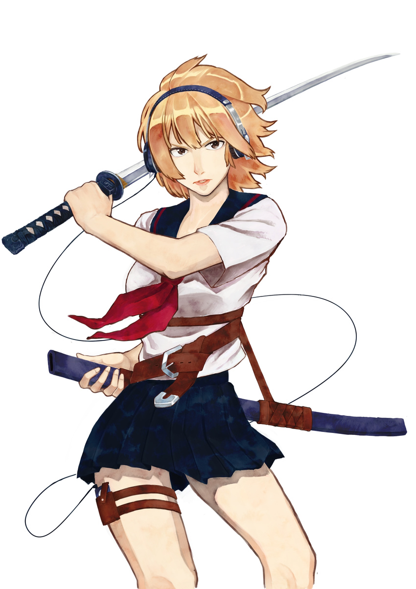 absurdres belt blonde_hair brown_eyes commentary_request digital_media_player female headphones highres ipod ipod_nano katana miniskirt original pleated_skirt school_uniform serafuku sheath skirt solo sword tetsuo_(huvac-akiro) weapon