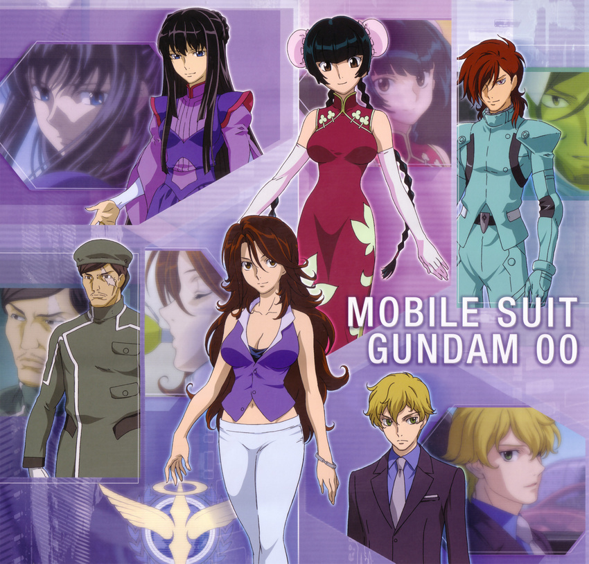 3boys 3girls absurdres artist_request black_hair blonde_hair blue_eyes braid brown_eyes brown_hair bun_cover china_dress chinese_clothes double_bun dress elbow_gloves gimp_(medium) gloves graham_aker green_eyes gundam gundam_00 hair_bun hat highres long_hair marina_ismail military military_uniform multiple_boys multiple_girls navel patrick_colasour scan sergei_smirnov sumeragi_lee_noriega twin_braids uniform wang_liu_mei