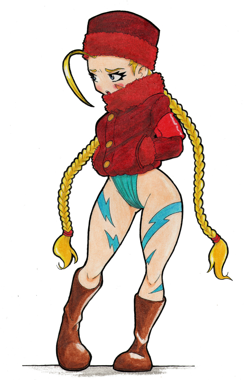 absurdres ahoge blonde_hair blue_eyes blue_leotard blush braid cammy_white camouflage coat commentary crot english_commentary female full_body fur_hat hands_in_pockets hat highres huge_ahoge jacket leotard long_hair photoshop_(medium) pigeon-toed scar solo standing street_fighter street_fighter_zero_(series) twin_braids very_long_hair winter_clothes winter_coat