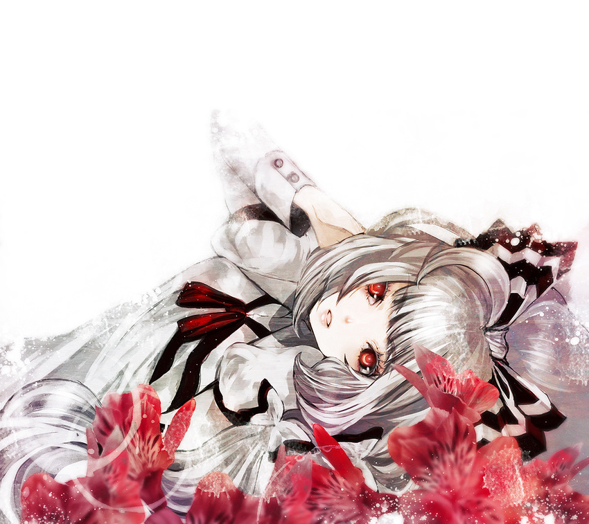 albino alstroemeria_(flower) bow commentary_request duca female flower fujiwara_no_mokou hairbow long_hair looking_at_viewer lying open_mouth orchid photoshop_(medium) red_eyes solo touhou upper_body white_hair