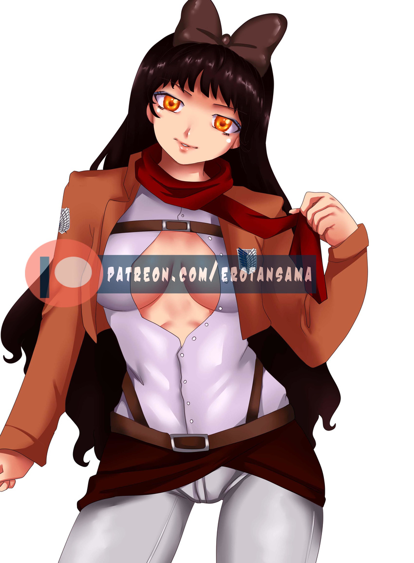 absurdres alternate_costume bad_anatomy bad_source blake_belladonna bow breasts breasts_apart brown_bow brown_hair brown_jacket cameltoe cosplay cowboy_shot cropped_jacket curly_hair emblem erotansama eyeshadow female hairbow half-closed_eyes hand_up head_tilt highres jacket long_hair long_sleeves looking_at_viewer makeup mikasa_ackerman mikasa_ackerman_(cosplay) no_bra open_clothes open_jacket open_shirt orange_eyes pants paradis_military_uniform parted_lips patreon_username photoshop_(medium) red_scarf rwby scarf self-upload shingeki_no_kyojin shirt simple_background solo standing survey_corps_(emblem) unbuttoned very_long_hair watermark web_address white_background white_pants white_shirt