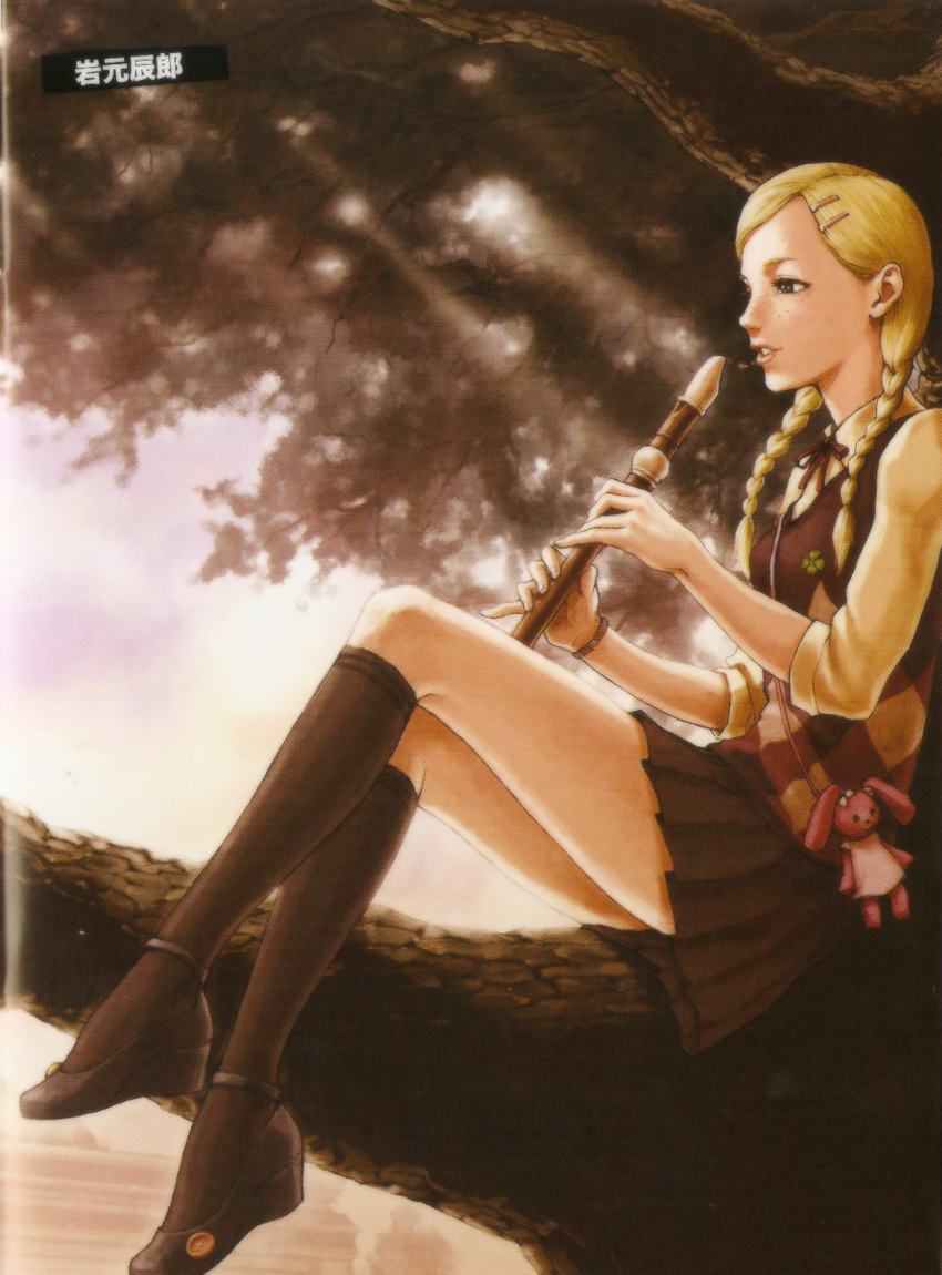 artist_request blonde_hair braid doll female flute hair_ornament hairpin highres holding holding_flute holding_instrument instrument kimmy_howell long_hair no_more_heroes no_more_heroes_2 photoshop_(medium) recorder skirt solo tree