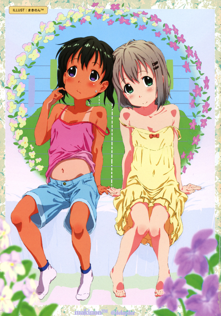 2girls absurdres artist_name barefoot bed_sheet black_hair blue_shorts blush bow bowtie closed_mouth denim denim_shorts dress floral_background green_eyes grey_hair hair_ornament hairclip highres kuraue_hinata looking_at_viewer makinon_tm multiple_girls navel off_shoulder pink_shirt purple_eyes scan shirt short_hair shorts sitting sleeveless sleeveless_dress sleeveless_shirt socks sweatdrop tan white_legwear yama_no_susume yellow_dress yukimura_aoi