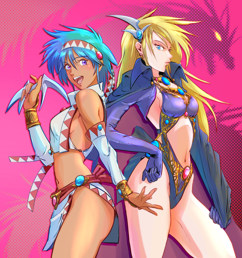 2girls angry annet_myer aqua_hair bb9_megadrive blade blonde_hair blue_eyes breasts cloak closed_mouth commentary_request dark-skinned_female dark_skin demon dragon el_viento gem gloves glowing glowing_eye hand_on_own_hip happy hastur highres incan jewelry long_hair looking_at_viewer monster multiple_girls navel open_mouth purple_eyes restiana serious smile standing teeth tribal upper_teeth_only villain_pose wolfteam