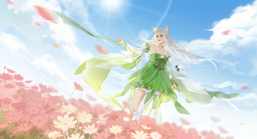 absurdres animal_ears artist_request baiguio_(zhu_xian) bare_shoulders blue_sky closed_mouth cloud day detached_sleeves dress falling_petals female field floating_hair flower flower_field fox_ears green_dress green_nails highres looking_to_the_side outdoors outstretched_arm petals ribbon second-party_source single_thighhigh sky smile solo sun thighhighs white_hair zhu_xian