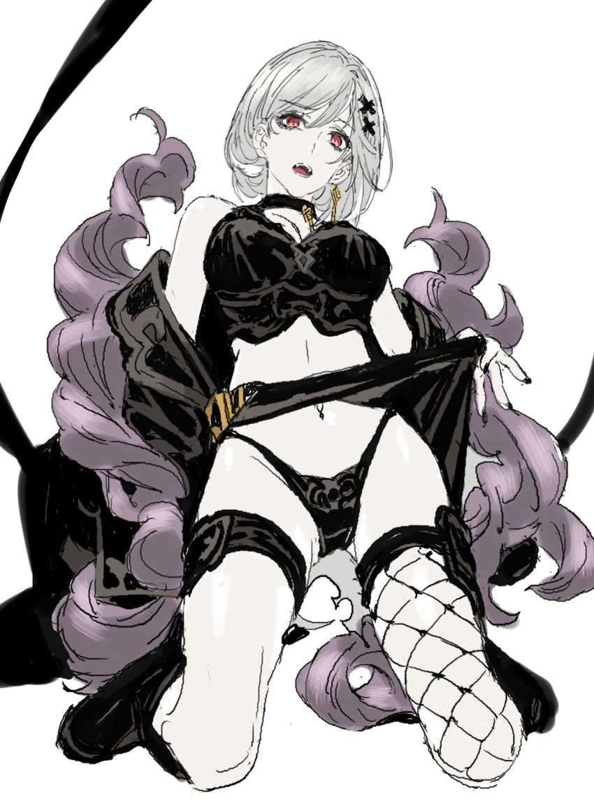 alter_ego_malevolent_(granblue_fantasy) black_footwear black_jacket black_panties black_shirt black_skirt boots breasts choker clothes_lift crop_top djeeta_(granblue_fantasy) earrings feather_boa female fishnet_thighhighs fishnets granblue_fantasy grey_hair groin hair_ornament highleg highleg_panties highres jacket jewelry kneeling lifting_own_clothes medium_breasts navel nobita_(makoto7060355) off_shoulder open_mouth panties red_eyes shirt short_hair single_earring single_thighhigh skirt skirt_lift sleeveless sleeveless_shirt solo thigh_strap thighhighs underwear white_background x_hair_ornament