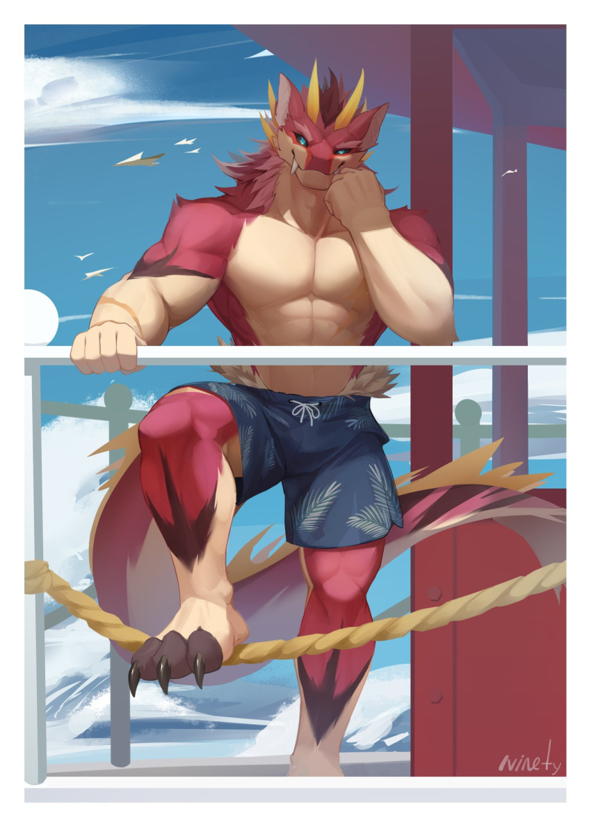 abs anthro biceps biped black_claws black_sclera blue_eyes claws clothing cloud dragon fangs fingers foot_on_ropes fur hair hand_on_jaw hi_res holding_railing horn looking_at_viewer male markings multicolored_body mythological_creature mythological_scalie mythology ninety_xc outside pecs pink_body pink_fur pink_hair pink_tail scalie sky smile smiling_at_viewer solo standing swimming_trunks swimwear tail teeth tuft two_tone_body two_tone_tail white_body white_fur white_tail yellow_horn