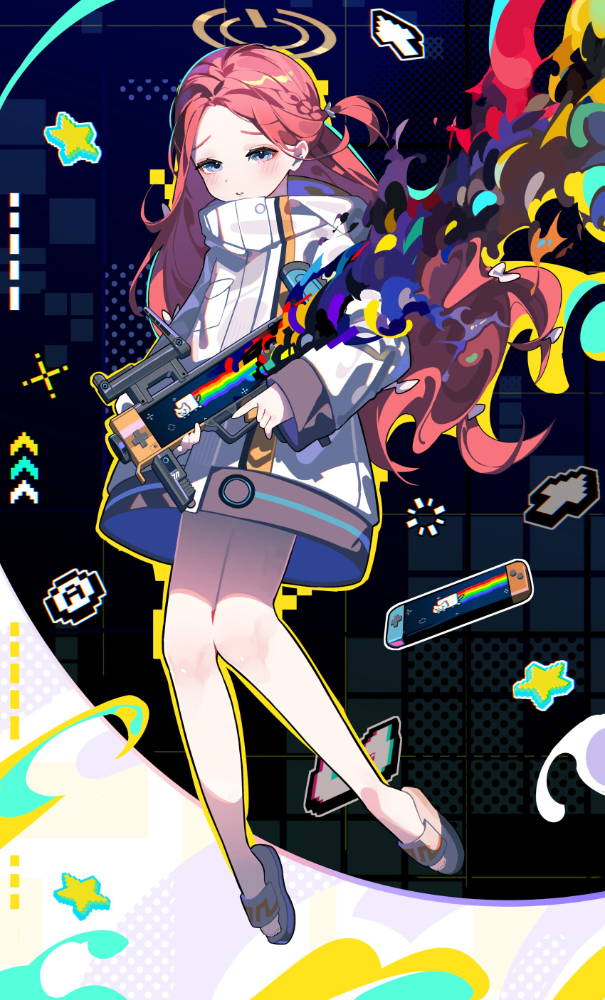 absurdres blue_archive blue_eyes blush braid female floating forehead grey_footwear gun halo handheld_game_console highres hiro_(yoshi_chan) holding holding_gun holding_weapon jacket long_hair long_sleeves looking_at_viewer m320 multicolored_background nyan_cat nyanyanyanyanyanyanya!_(vocaloid) one_side_up orange_halo pixels single_braid slippers solo thighs weapon white_jacket yuzu_(blue_archive)