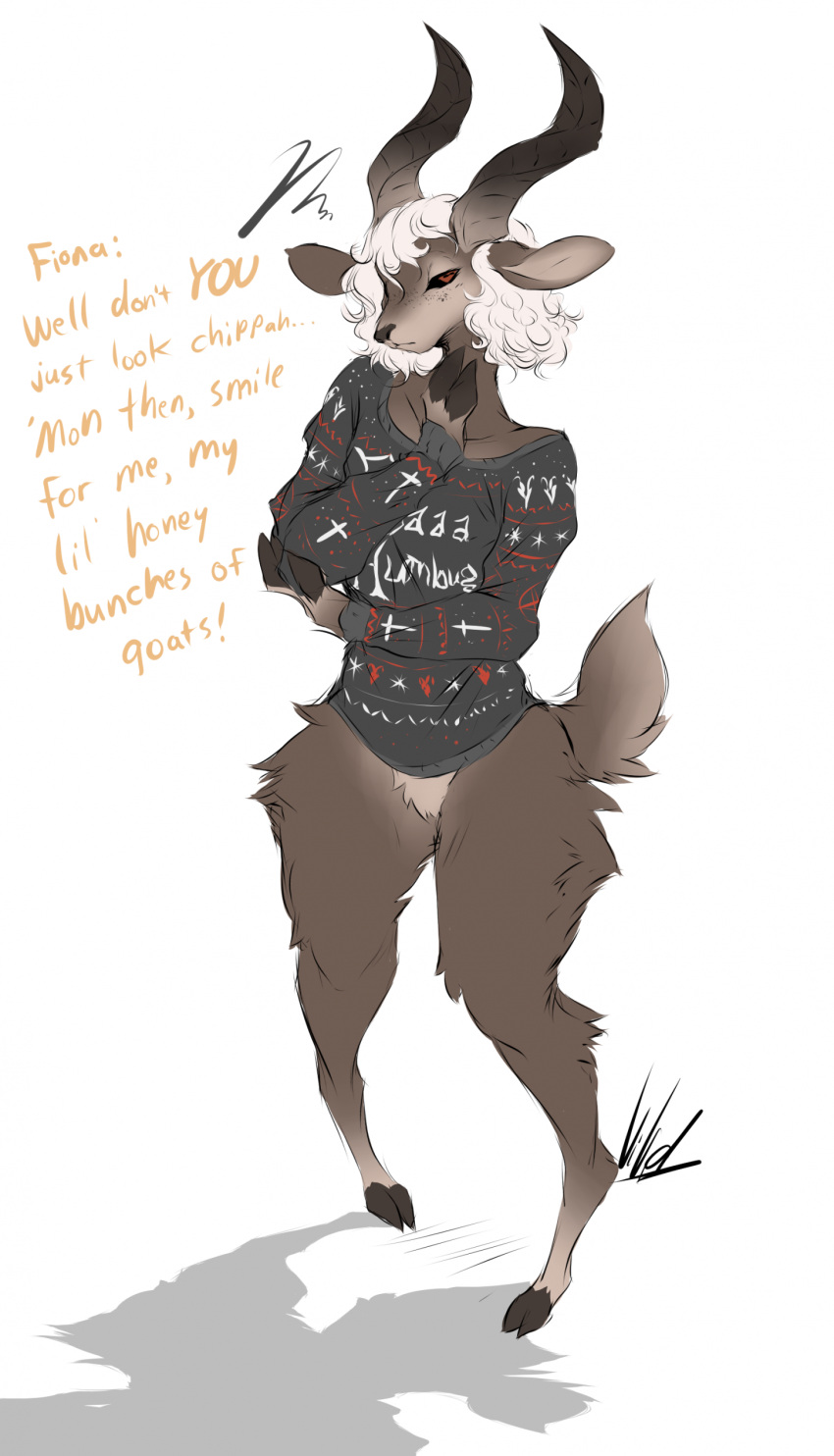 absurd_res anthro black_sclera bottomless bottomless_anthro bottomless_male bovid brown_body brown_fur caprine christmas christmas_clothing christmas_sweater christmas_topwear clothed clothing curved_horn dialogue dullvivid english_text fur goat grumpy hair half-closed_eyes hi_res holidays hooves horn male mammal narrowed_eyes nel_(dullvivid) simple_background solo sweater text topwear white_background white_hair