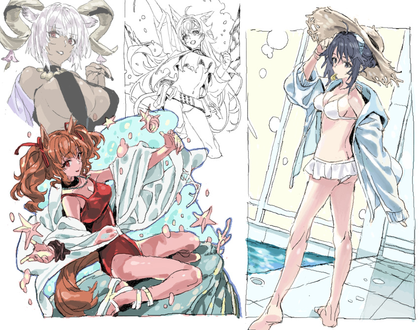 4girls angelina_(arknights) angelina_(summer_flower)_(arknights) animal_ears arknights barefoot belt bikini blaze_(arknights) blue_jacket breasts brown_hair butt_crack carnelian_(arknights) carnelian_(shimmering_dew)_(arknights) choker cleavage dark-skinned_female dark_skin frilled_bikini frills grey_hair hat highres horns infection_monitor_(arknights) jacket jewelry kneeling large_breasts long_hair long_sleeves looking_at_viewer multiple_girls necklace nobita_(makoto7060355) one-piece_swimsuit open_clothes open_jacket open_mouth partially_colored pool red_one-piece_swimsuit sandals seashell shell shirt short_hair small_breasts smile standing straw_hat swimsuit swimsuit_cover-up tail torn_clothes torn_shirt twintails water whistle white_bikini