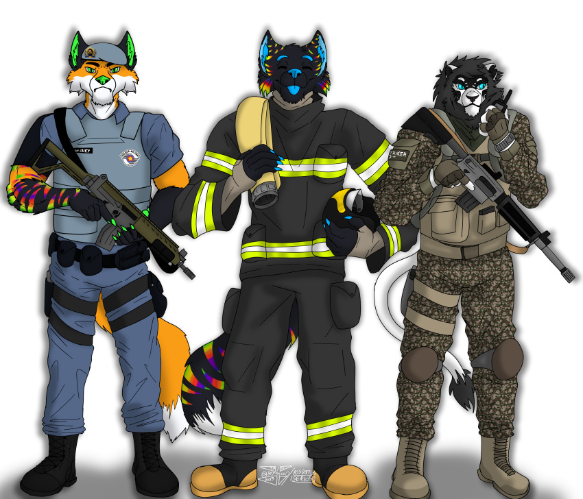 absurd_res angry anthro armor black_body black_fur blue_body blue_eyes blue_fur boots bope bulletproof_vest canid canine claws clock clothing duky_(nickyydukyte) felid fire firefighter_boots firefighter_helmet firefighter_outfit footwear fox fur green_body green_eyes green_fur group gun gun_holster headgear helmet hi_res hose humanoid knee_pads lion looking_at_another looking_at_partner looking_at_viewer male male/male mammal multicolored_body multicolored_fur muscular muscular_anthro muscular_male nickyy_(nickyydukyte) pantherine pockets police police_uniform ranged_weapon retractable_claws rifle striker_f_(teymosoo) striped_body striped_fur stripes tail teymosoo thigh_holster trio uniform walkie-talkie watch weapon white_body white_fur wristwatch