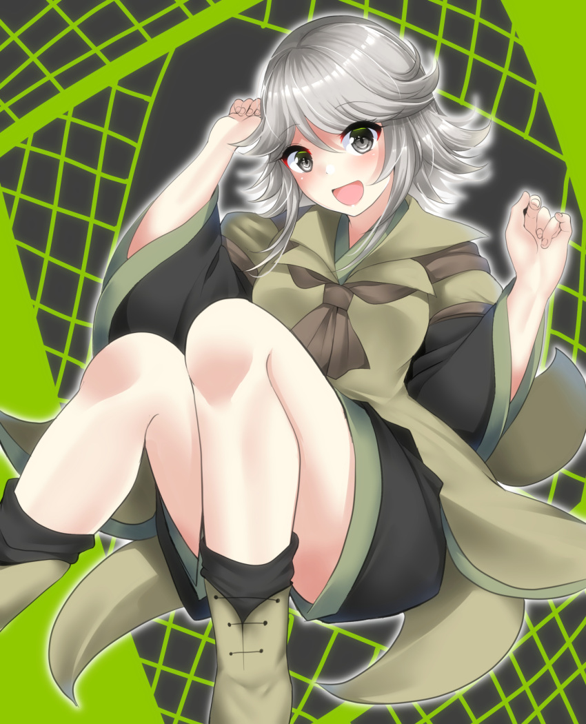 :d arms_up ascot black_shirt black_shorts black_socks breasts brown_ascot coat commentary female genderswap_(otf) grey_eyes grey_hair highres houlen_yabusame invisible_chair len'en long_sleeves medium_breasts medium_hair open_mouth ougi_hina rule_63 shirt shorts sitting smile socks solo yellow_coat yellow_footwear