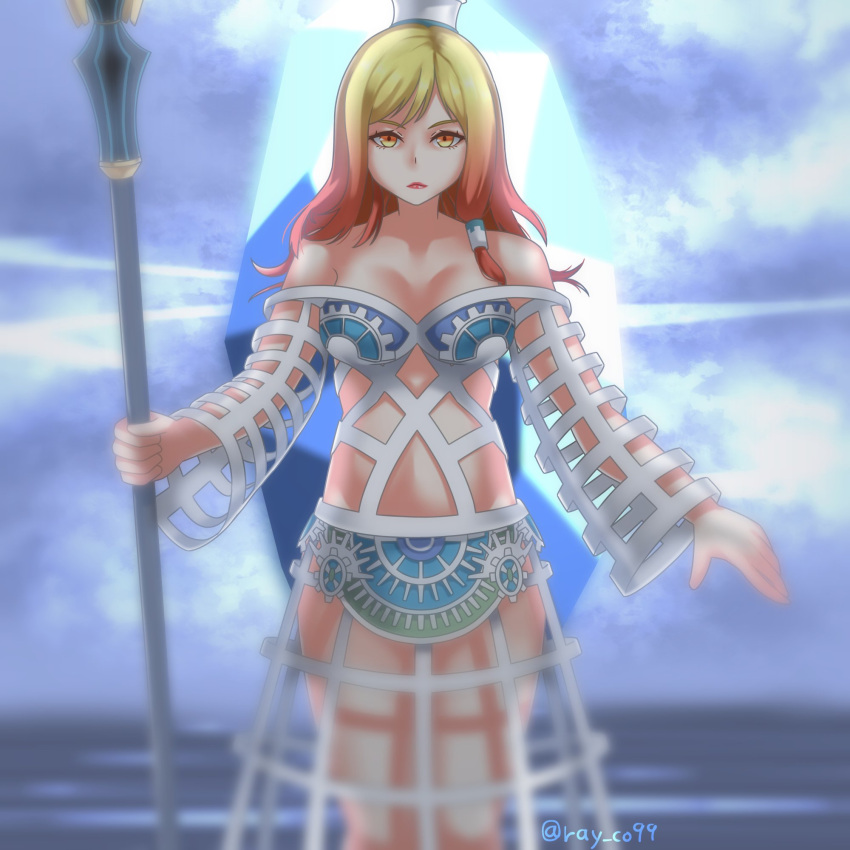 bare_shoulders blonde_hair blurry breasts cleavage crystal dissidia_final_fantasy dissidia_final_fantasy_nt dissidia_final_fantasy_opera_omnia dress female final_fantasy gears gradient_eyes gradient_hair hat highres holding holding_scepter large_breasts lips long_dress long_hair looking_at_viewer materia_(dissidia) multicolored_eyes multicolored_hair navel ray_co99 red_hair red_lips revealing_clothes scepter side_ponytail solo twitter_username two-tone_hair upper_body weapon white_dress