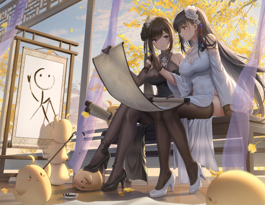 2girls azur_lane black_dress black_footwear black_gloves breasts calligraphy_brush chen_hai_(azur_lane) chen_hai_(vestibule_of_wonders)_(azur_lane) china_dress chinese_clothes dress elbow_gloves gloves haneru high_heels highres holding holding_scroll long_hair manjuu_(azur_lane) multiple_girls official_alternate_costume on_bench paintbrush pantyhose scroll sitting sky stick_figure thighhighs tree white_dress white_footwear yat_sen_(azur_lane)