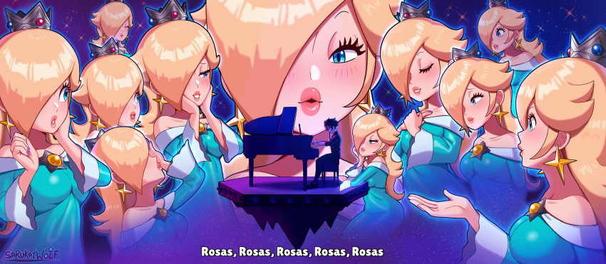 1boy absurdres artist_self-insert blonde_hair blue_dress blue_eyes blush crown dress floating_rock hair_over_one_eye highres instrument mario_(series) mini_crown music parody piano playing_instrument playing_piano puckered_lips rosalina sarukaiwolf smile strapless strapless_dress super_mario_galaxy the_super_mario_bros._movie