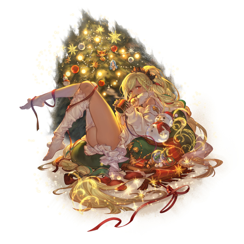 blonde_hair blush box braid christmas christmas_tree cup dark-skinned_female dark_skin female fingernails full_body gift gift_box granblue_fantasy green_nails green_ribbons hair_ribbon helel_ben_shalem helel_ben_shalem_(holiday)_(granblue_fantasy) holding holding_cup long_hair long_sleeves looking_at_viewer lyria_(granblue_fantasy) minaba_hideo mug no_shoes official_art pacifier red_eyes red_ribbon ribbon scarf sharp_fingernails sleeves_past_wrists snow_globe snowman solo thighhighs thighhighs_pull transparent_background very_long_hair vyrn_(granblue_fantasy) white_scarf white_thighhighs