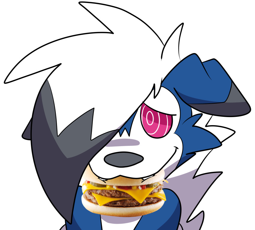 absurd_res ambiguous_gender black_nose blue_body blue_fur burger ears_down fangs food fur generation_7_pokemon hair hi_res icon joltink lycanroc midnight_lycanroc nintendo object_in_mouth pivoted_ears pokemon pokemon_(species) red_sclera shiny_pokemon solo teeth white_body white_fur white_hair