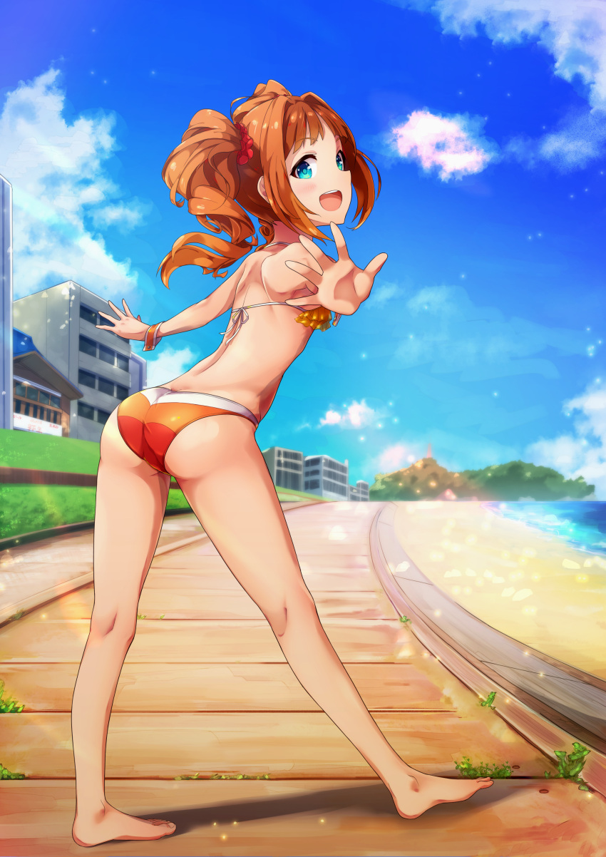 :d absurdres ass barefoot beach bikini blue_eyes blue_sky brown_hair butt_crack cloud day female full_body hair_intakes hair_ornament hair_scrunchie halterneck highres idolmaster idolmaster_(classic) long_hair oops open_mouth orange_bikini outdoors outstretched_arms red_scrunchie scrunchie shore shoulder_blades sky smile solo swimsuit takatsuki_yayoi twintails