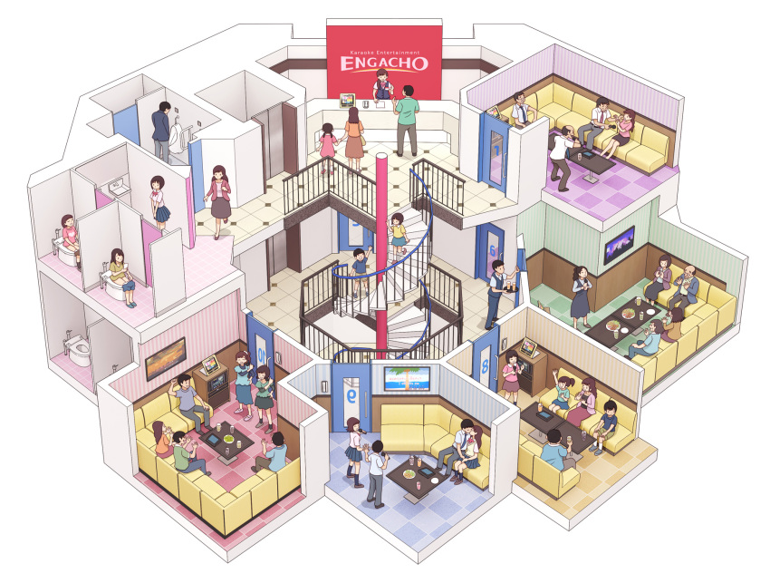 6+boys 6+girls bathroom cross_section dollhouse_view food have_to_pee highres indoors karaoke karaoke_box kissing kiyo_(kyokyo1220) microphone multiple_boys multiple_girls music original photoshop_(medium) scenery school_uniform singing sitting spiral_staircase stairs toilet toilet_use tray urinal