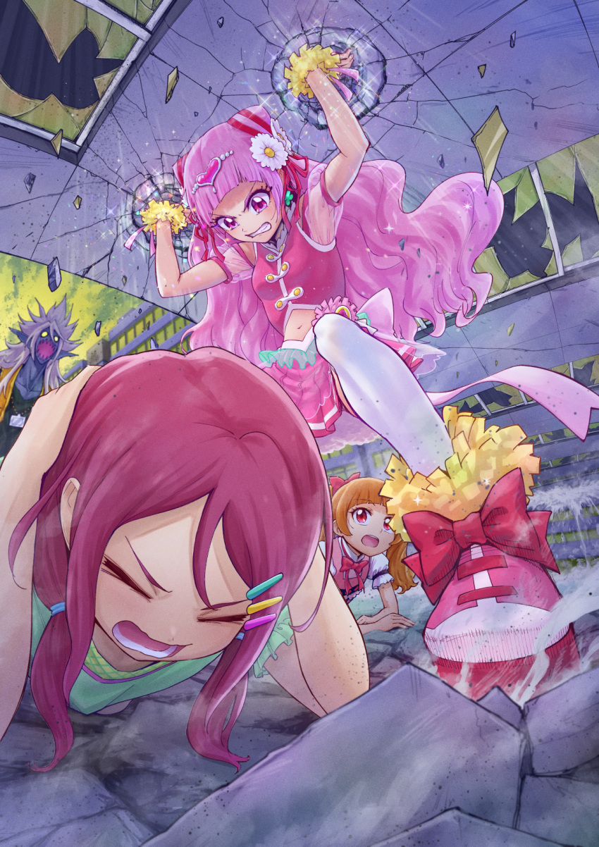 3girls aisaki_emiru angry back_bow bow brown_hair charaleet_(precure) clenched_teeth closed_eyes commentary crop_top cure_yell double_bun flower footwear_bow hair_bun hair_flower hair_ornament hair_ribbon heart heart_hair_ornament highres hugtto!_precure itou_shin'ichi long_hair magical_girl monster multiple_girls navel nono_hana nono_kotori pink_eyes pink_footwear pink_hair pink_shirt pink_skirt pleated_skirt precure puffy_sleeves red_ribbon ribbon scared see-through see-through_sleeves shirt shoes skirt sleeveless sleeveless_shirt spiked_hair teeth thighhighs white_bow white_hair white_legwear wrist_cuffs