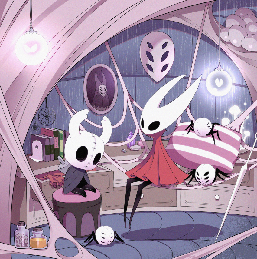 arizuka_(catacombe) book bottle bug character_doll cloak commentary female full_body grey_cloak herrah highres hollow_eyes hollow_knight hornet_(hollow_knight) horns indoors knight_(hollow_knight) lamp lantern mask nail_(hollow_knight) needle needle_(hollow_knight) no_humans pillow rain red_cloak silk sitting sleeping spider spider_web stuffed_toy weapon window