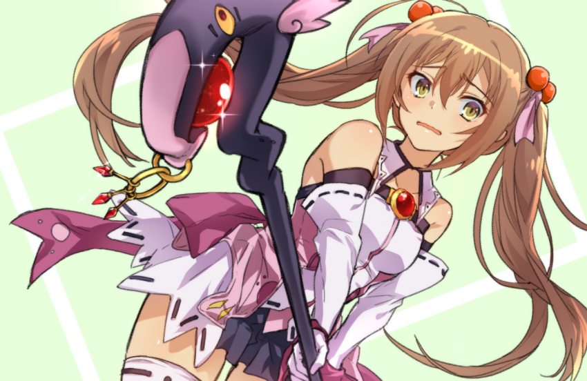 bare_shoulders brown_hair collarbone cowboy_shot detached_collar dutch_angle elbow_gloves female floating_hair gloves green_background hair_between_eyes hair_bobbles hair_ornament hair_ribbon holding holding_staff long_hair long_sleeves magical_girl miniskirt nijino_yurika open_mouth pink_ribbon poppu ribbon rokujouma_no_shinryakusha!? shiny_skin skirt solo staff standing thigh_gap thighhighs twintails very_long_hair wavy_mouth white_gloves white_thighhighs yellow_eyes