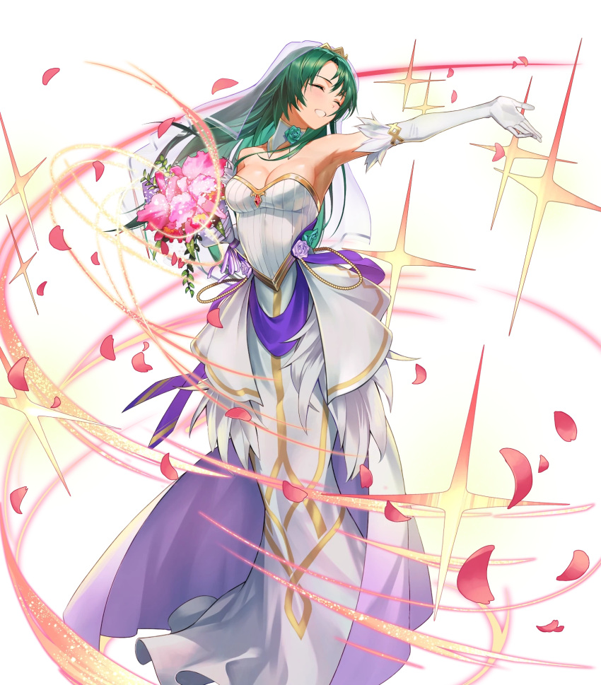 armpits bare_shoulders bouquet breasts bridal_veil cecilia_(bridal)_(fire_emblem) cecilia_(fire_emblem) cleavage closed_eyes detached_collar dress elbow_gloves feather_trim female fire_emblem fire_emblem:_the_binding_blade fire_emblem_heroes flower full_body gloves gold_trim gradient_clothes green_hair hair_ornament hand_up highres holding kainown large_breasts long_hair non-web_source official_art outstretched_arm overskirt parted_lips petals shiny_skin smile sparkle strapless strapless_dress transparent_background veil wedding_dress white_dress white_gloves