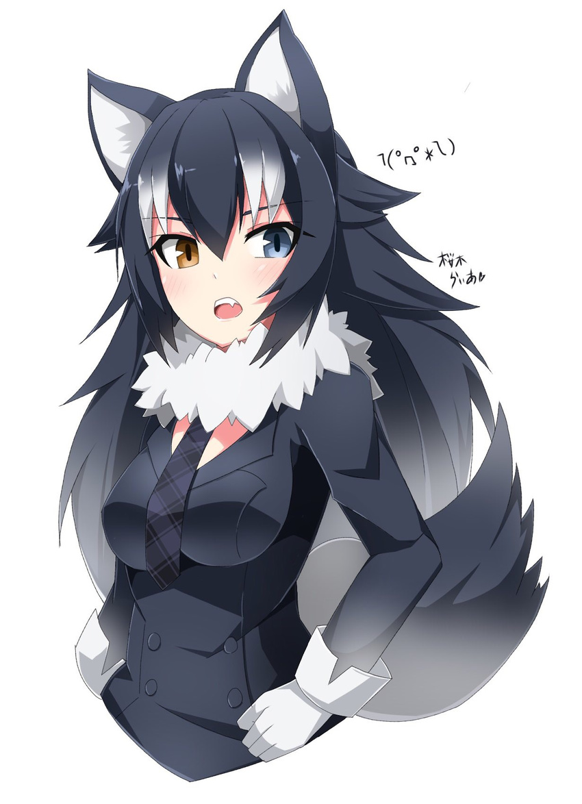 animal_ears bad_id bad_pixiv_id black_hair blue_eyes breasts commentary_request female fur_collar gloves grey_wolf_(kemono_friends) heterochromia highres kemono_friends long_hair long_sleeves medium_breasts multicolored_hair necktie sakuragi_raia solo tail two-tone_hair wolf_ears wolf_girl wolf_tail yellow_eyes