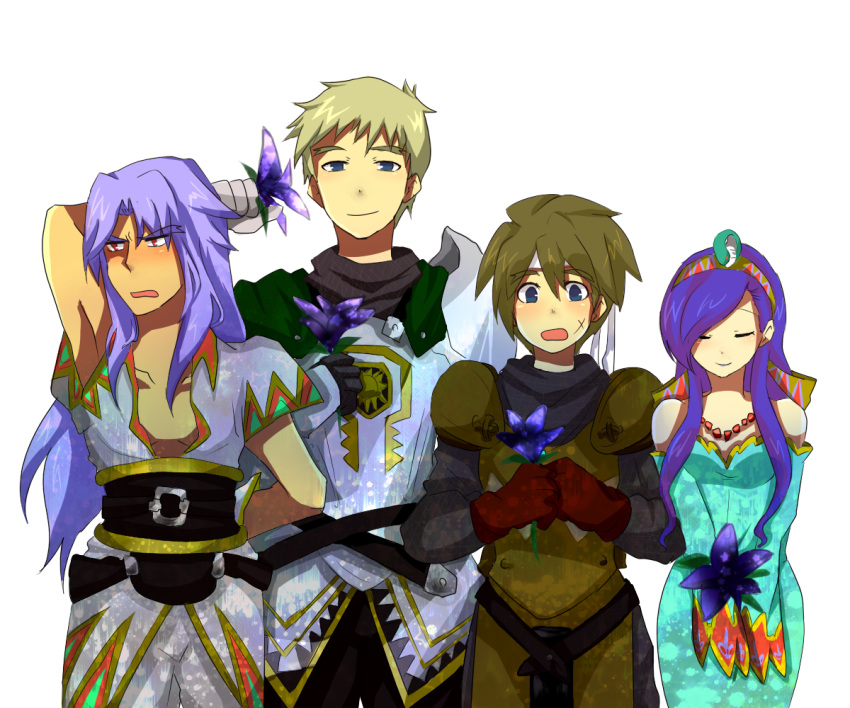 3boys armor arms_up bare_shoulders blonde_hair blue_eyes blue_hair blush brown_hair chrono_(series) chrono_cross closed_eyes dario dress female female flower glenn_(chrono_cross) hairband headband jewelry karsh long_hair male mituihisasi multiple_boys necklace red_eyes riddel scar short_hair