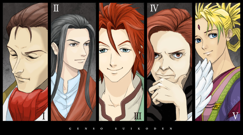 4boys black_eyes black_hair blonde_hair blue_eyes brown_eyes brown_hair character_request closed_eyes dark_skin female female gensou_suikoden gensou_suikoden_i gensou_suikoden_ii gensou_suikoden_iii gensou_suikoden_iv gensou_suikoden_v gradient_hair green_hair long_hair lucretia_merces male multicolored_hair multiple_boys red_hair red_hair short_hair suikoden suikoden_i suikoden_ii suikoden_iii suikoden_iv suikoden_v yama_(pixiv1271496)