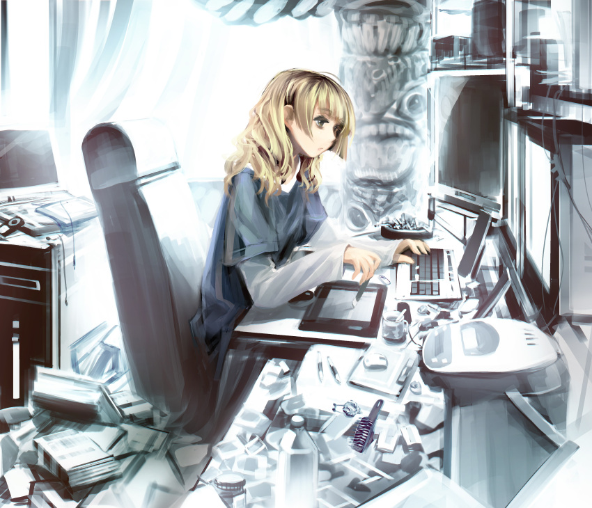 absurdres blonde_hair cigarette computer ein_(artist) highres long_hair messy_room original sitting tablet totem_pole