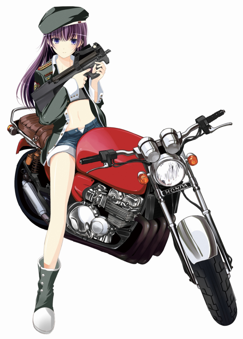 bullpup couzone female girl gun hat highres honda jacket long_hair motor_vehicle motorcycle p90 shoes shorts submachine_gun vehicle weapon